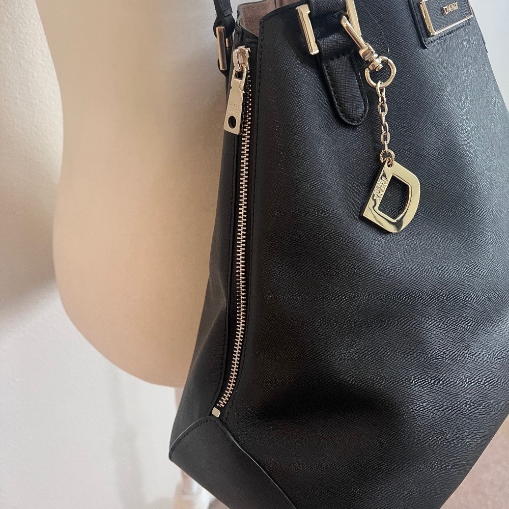 DKNY Black Saffiano Leather Expandable Tote Bag with Charm - Picture 5 of 8